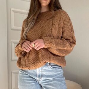 In Loom Tan Camel Brown Chunky Cable Knit Wool Sweater Size S NWT